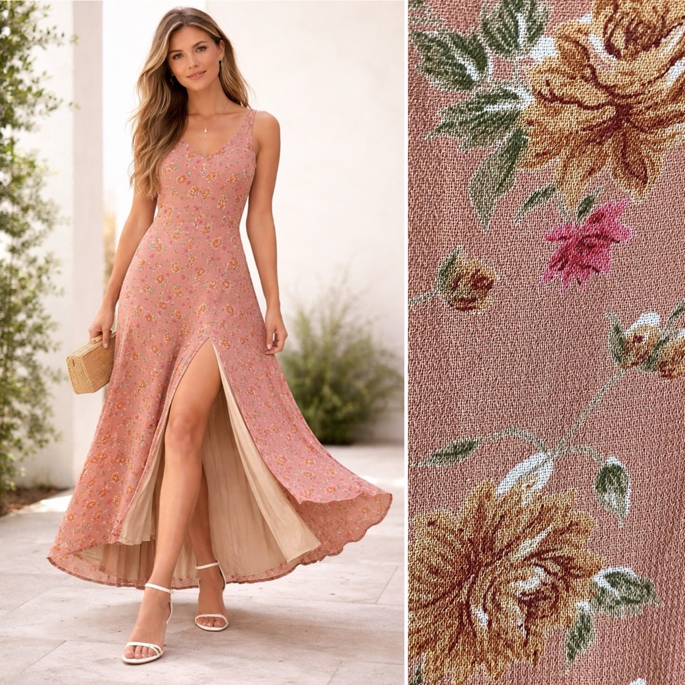 LINE & DOT Anthropologie Ditsy Floral Maxi Dress L High Slit Wedding Event Boho